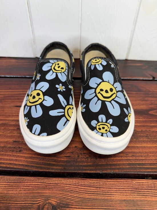 Vans Shoes - Vans Black Canvas Slip-On Sneakers with Yellow & Light Blue Smiley Flowers
